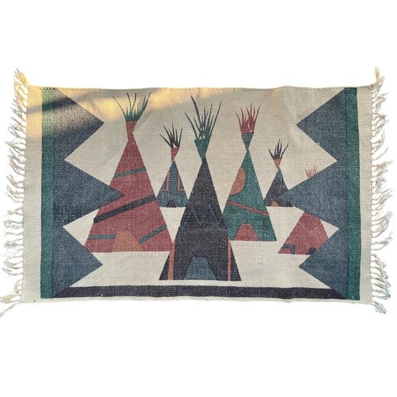 Vintage MCM South West Teepee Rug Boho Wall Art 24" x 42" Retro Native American - Picture 5 of 5